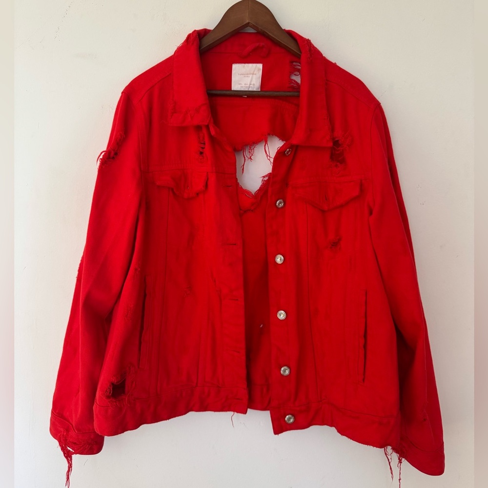 Zara Distressed Bright Red Jean Jacket